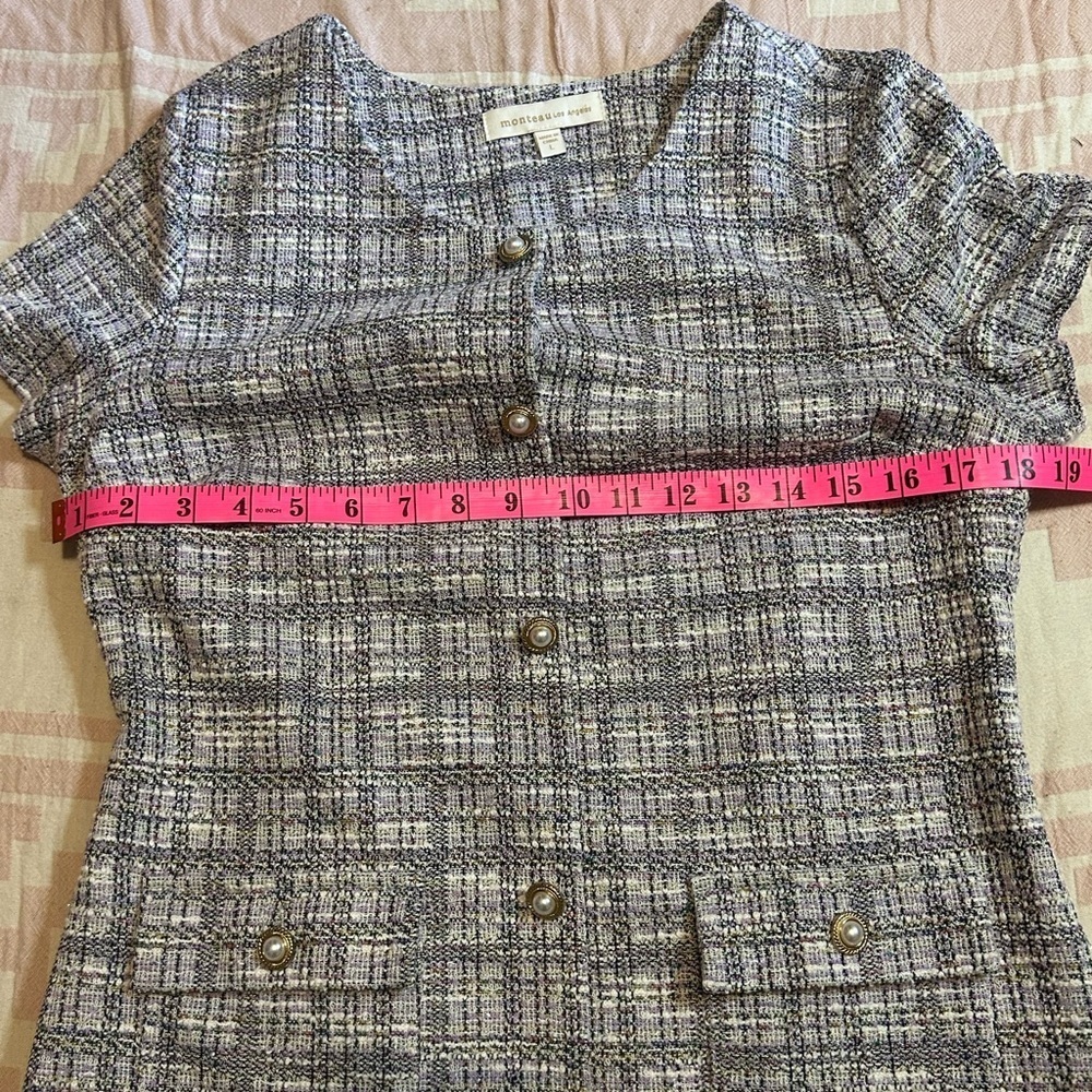 Monteau Los Angeles Tweed Mini Dress Size L Pearl Button Bouclé Dress - Picture 5 of 6